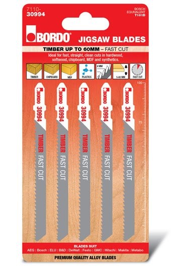 BORDO JIG SAW HCS T-SHANK FAST CUT 100MM TIMBER 5 PK 